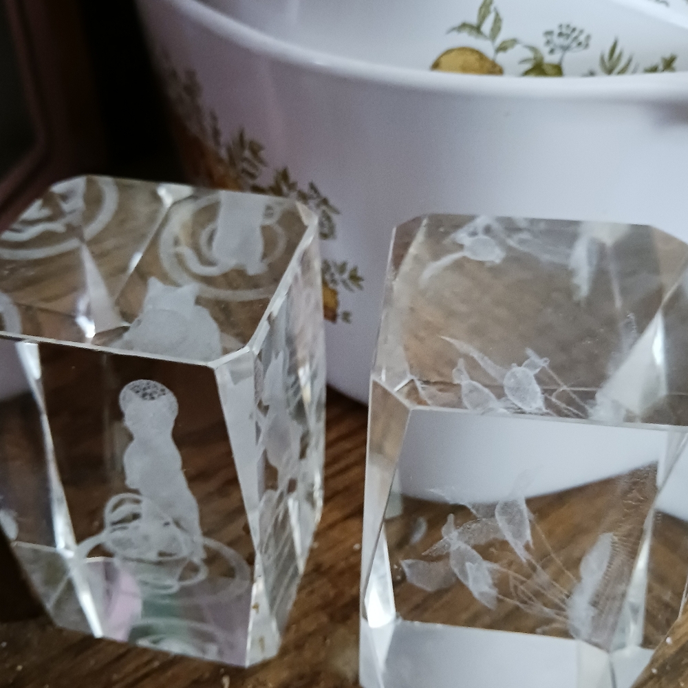 1#Crystal Glass Blocks with Etched Designs Cat&birds Heavy Paperweights - Picture 2 of 8